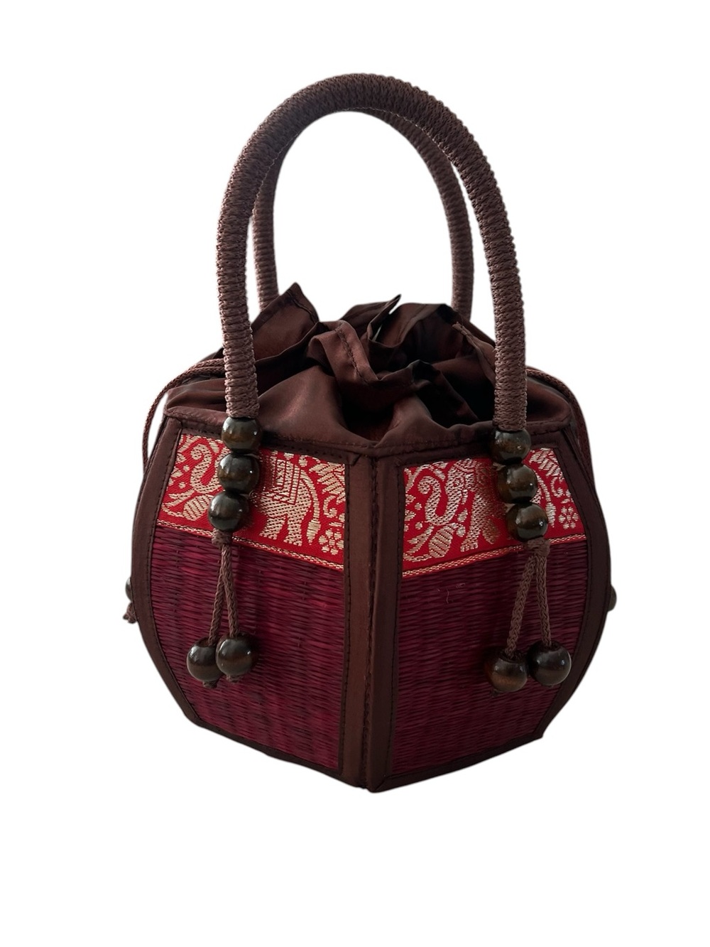 Handcrafted Thai woven reed handbag pumpkin drawstring wooden bead details